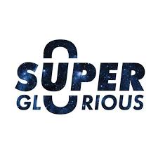 Text 'SUPER GLORIOUS' with a space-themed design on a white background