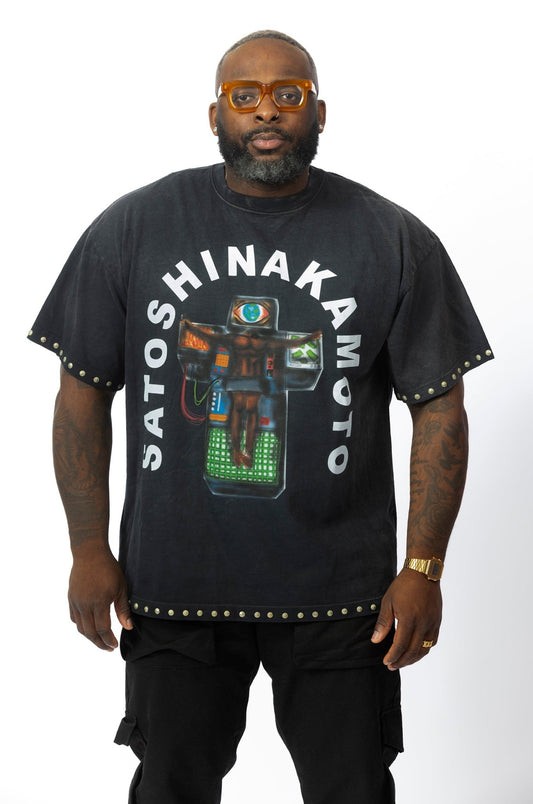 Satoshi Nakamoto Welcome To The Machine Studded Logo T-Shirt - supergl0rious